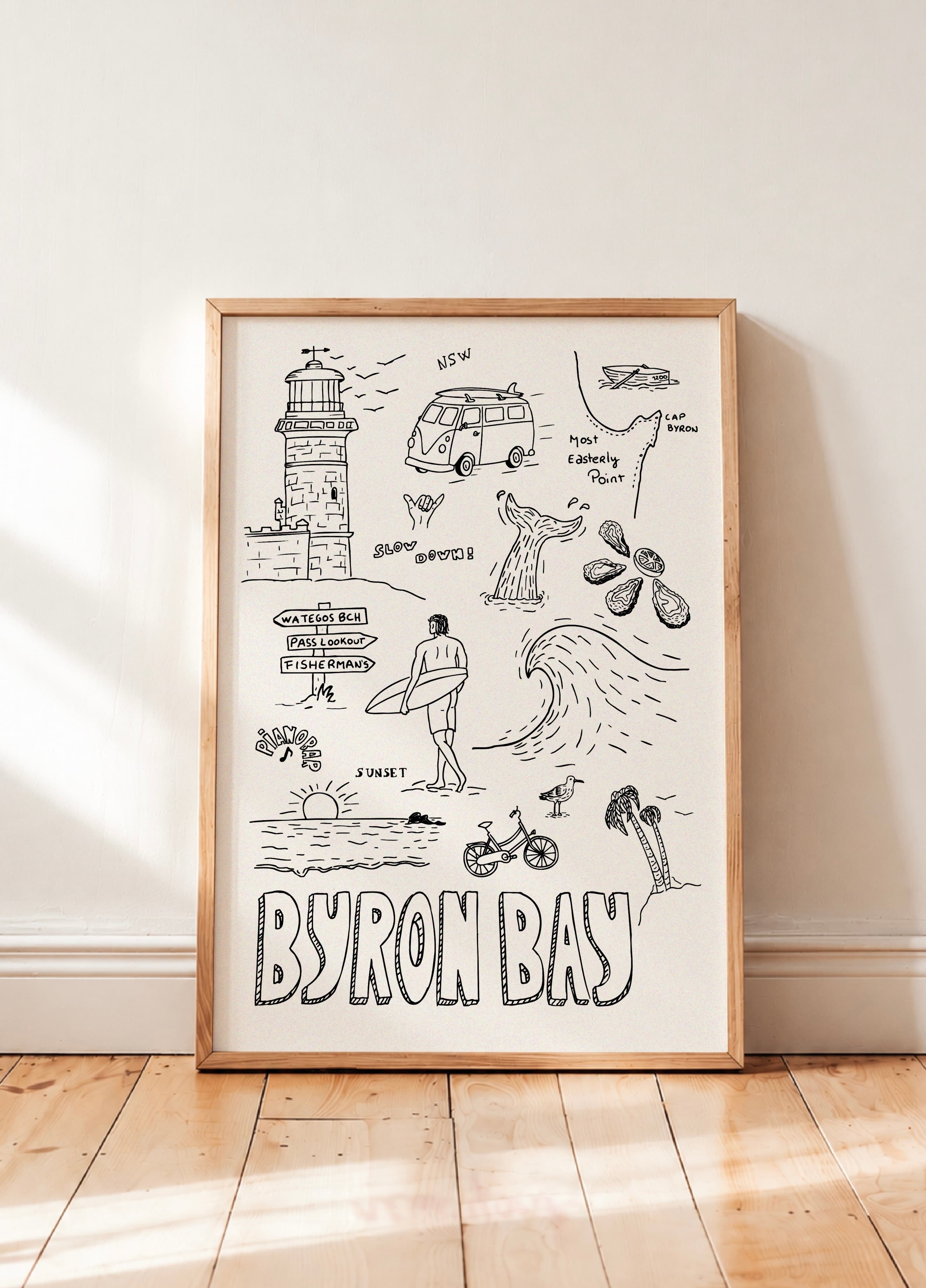 BYRON BAY Hand Drawn Poster I Minimalist Australian Wall Art I Digital Download
